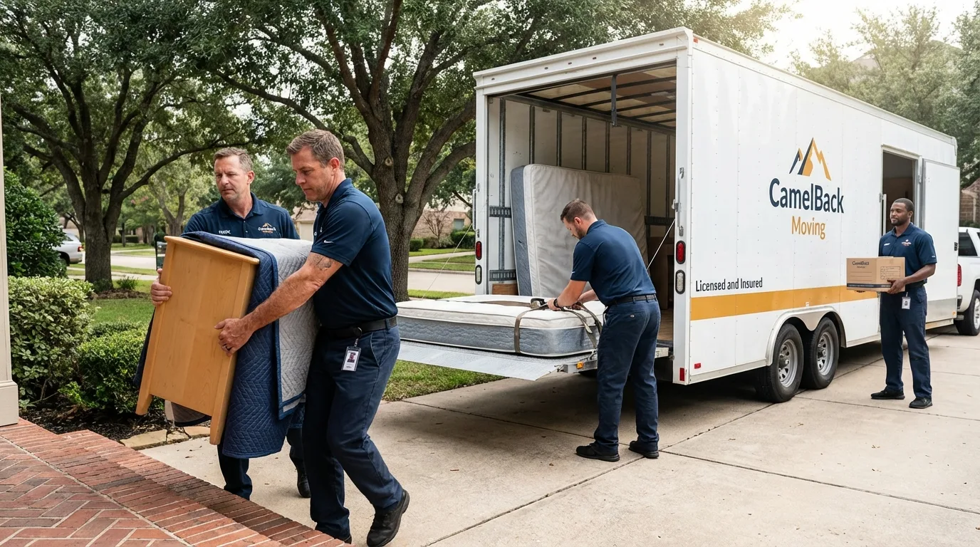 Crew loading residential truck for cross-state move from Dawson, MN