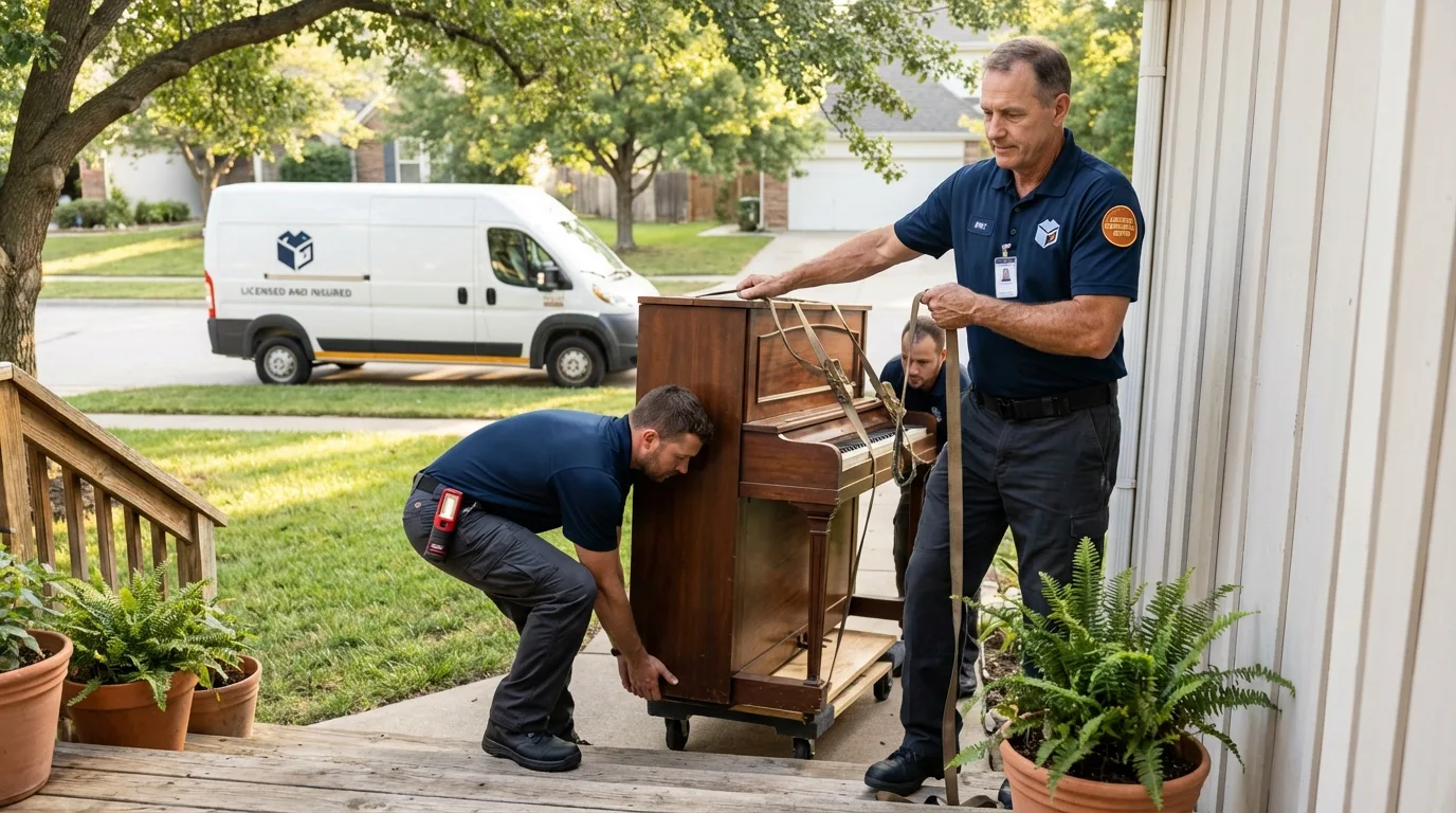 Licensed piano movers securing grand piano in Dawson, MN