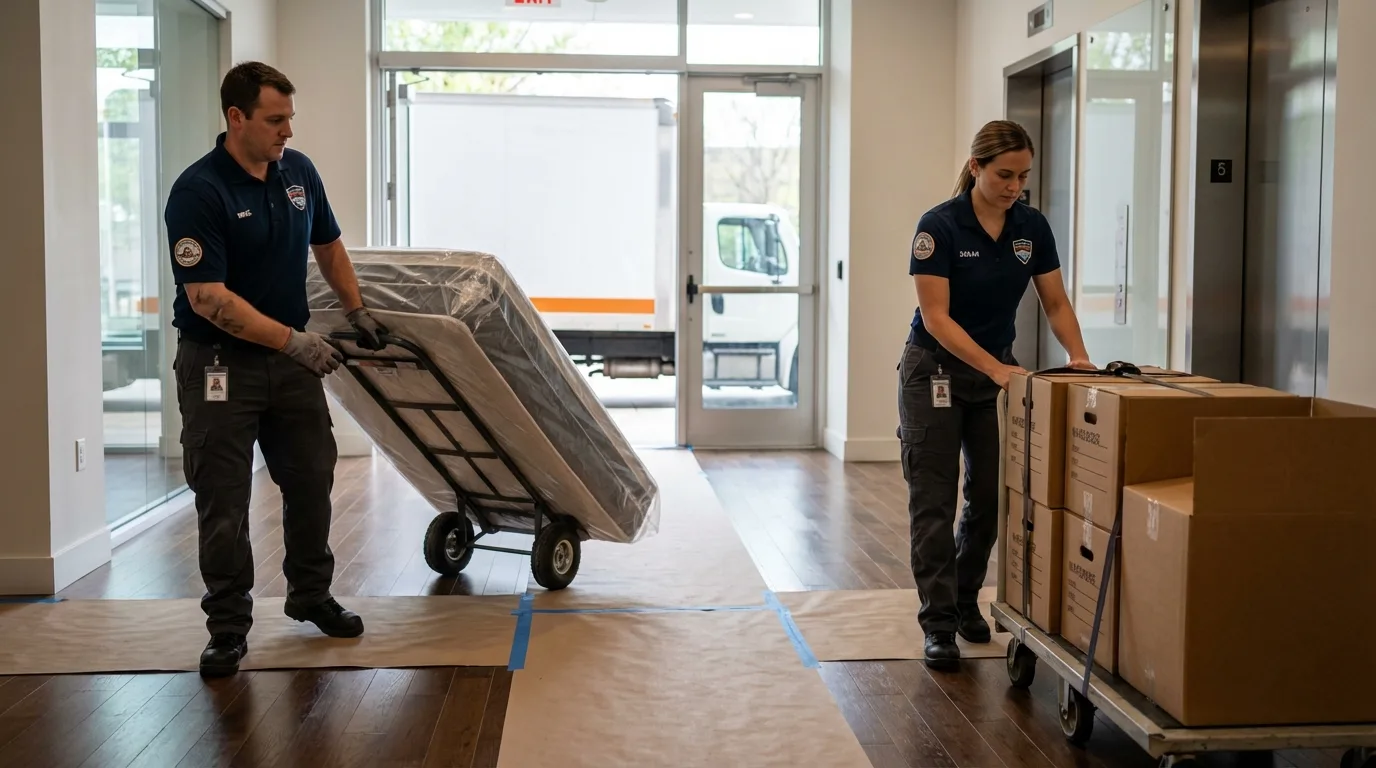 Professional apartment movers loading elevator in Dawson, MN